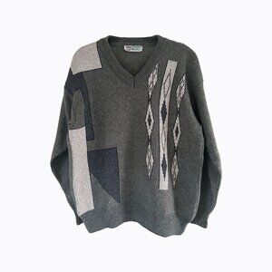 Vintage Birsen Wool Blend Triko Knit Sweater Sz L V-Neck Gray Abstract Pattern